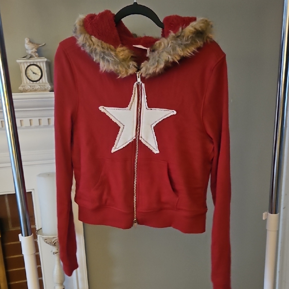 Urban Outfitters Red and White Fur Hoodie Size Small